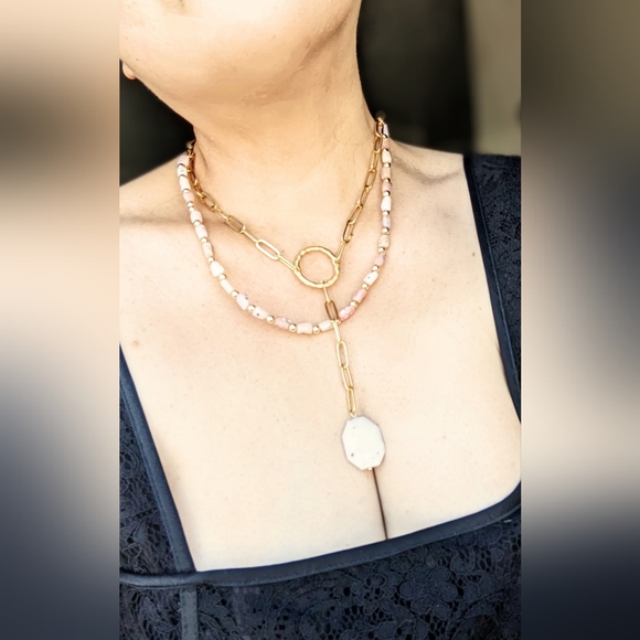 Natural Peruvian Pink Opal Beads & Pendant In Two Strand Paperclip Necklace - Picture 10 of 10